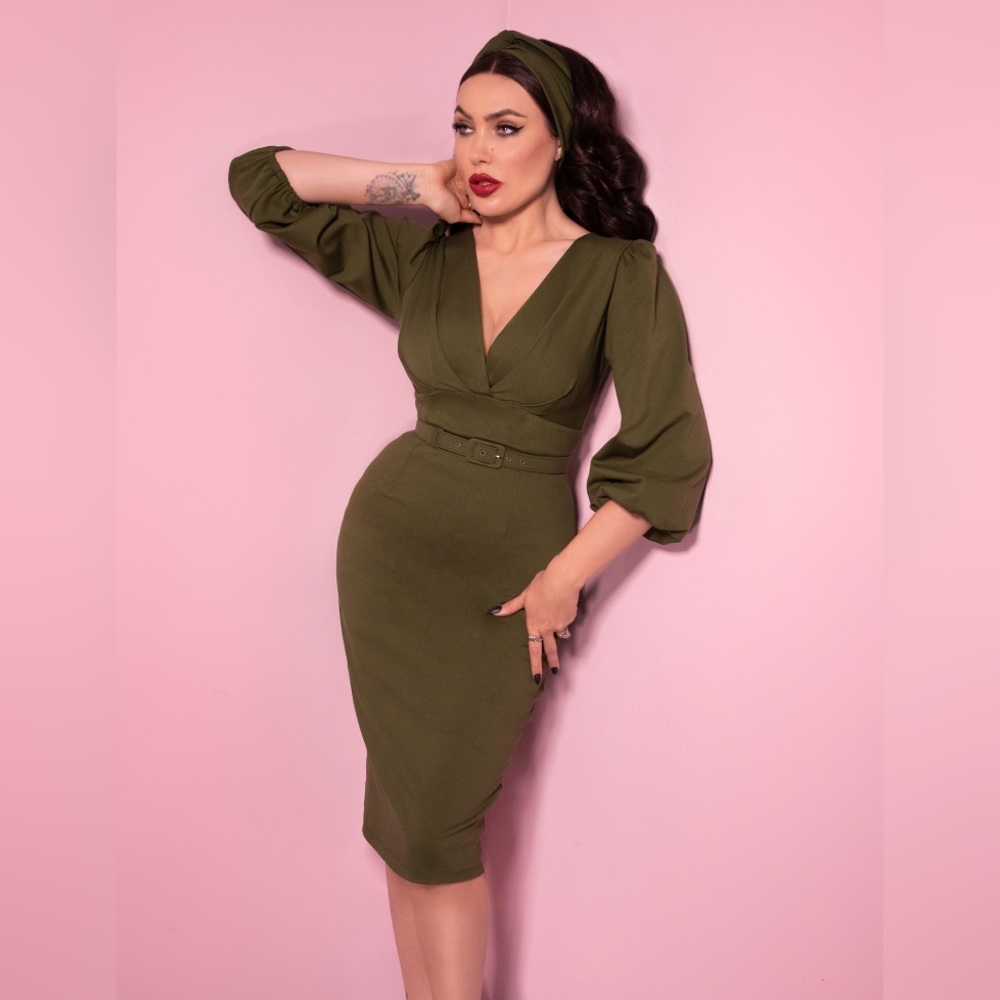 Vixen by Micheline Pitt Olive Green Pencil Dress with Belt